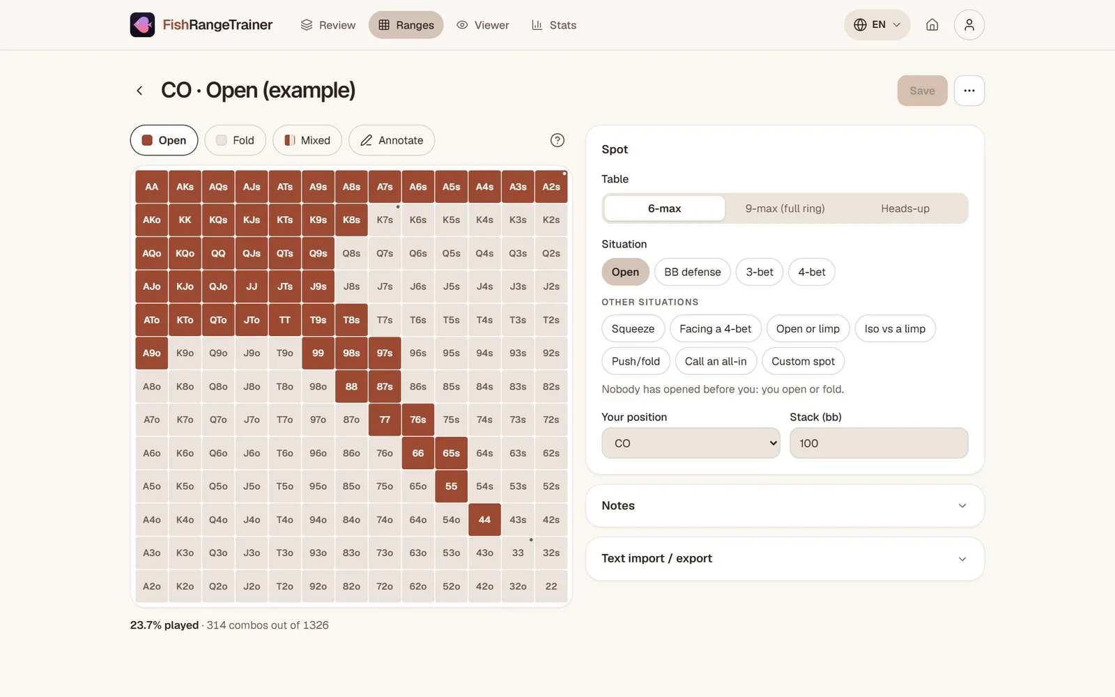 The range editor on a computer: the 13x13 grid on the left, the table and situation settings on the right