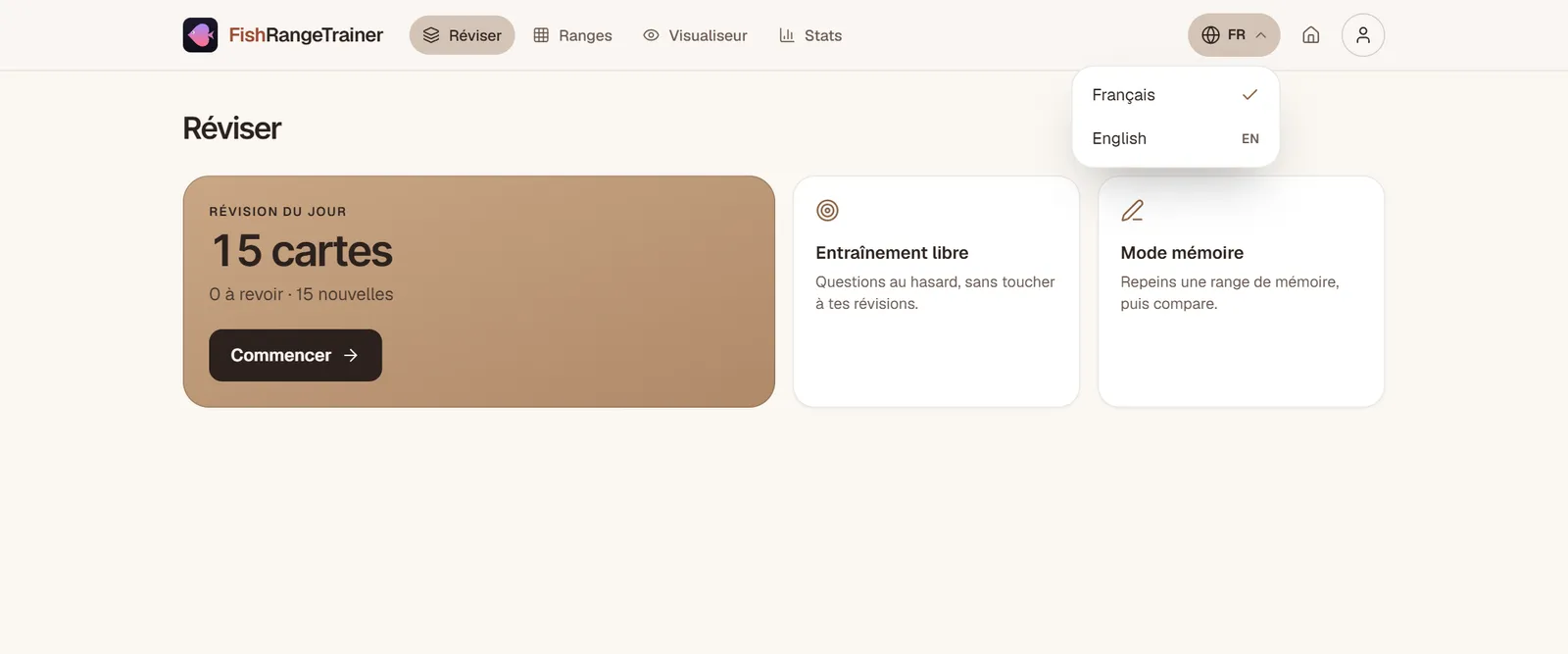 Le menu de langue ouvert dans l'application, avec Français et English
