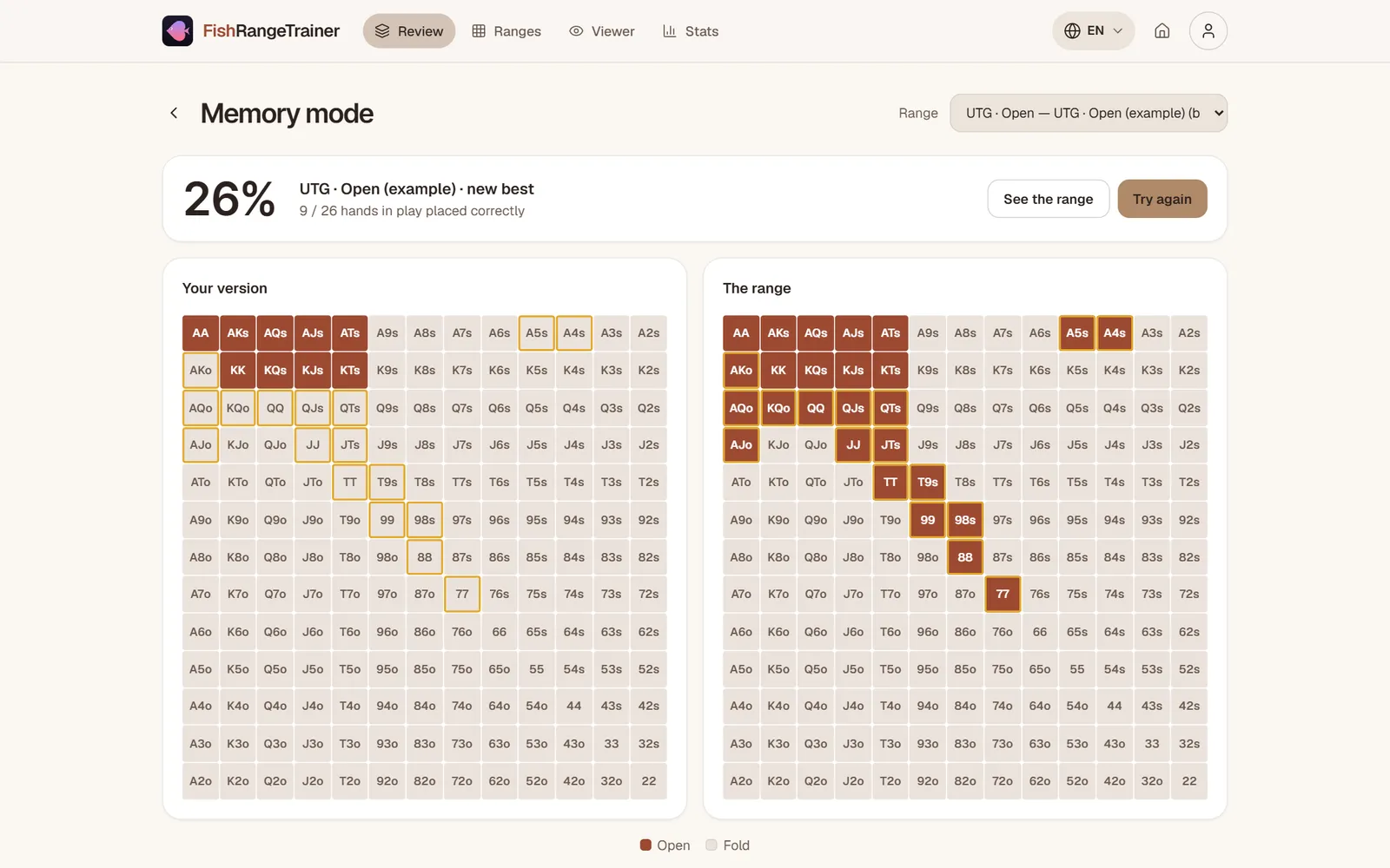 Memory mode: the score, the player's version and the real range side by side