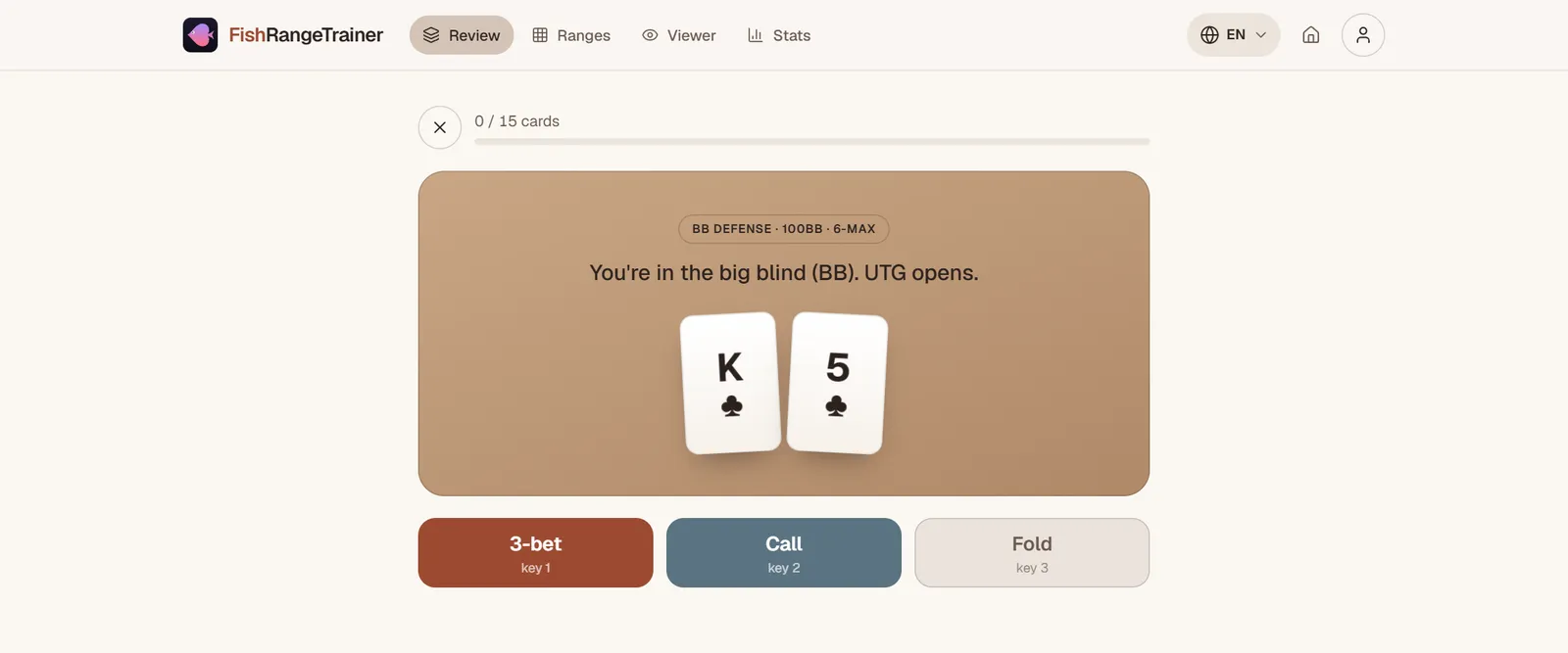 A review question on a computer: the situation, the two cards and the three answer buttons
