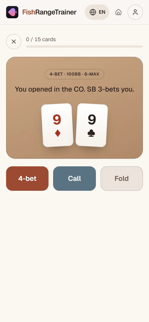 A review question in the app: the situation, the two cards and the answer buttons